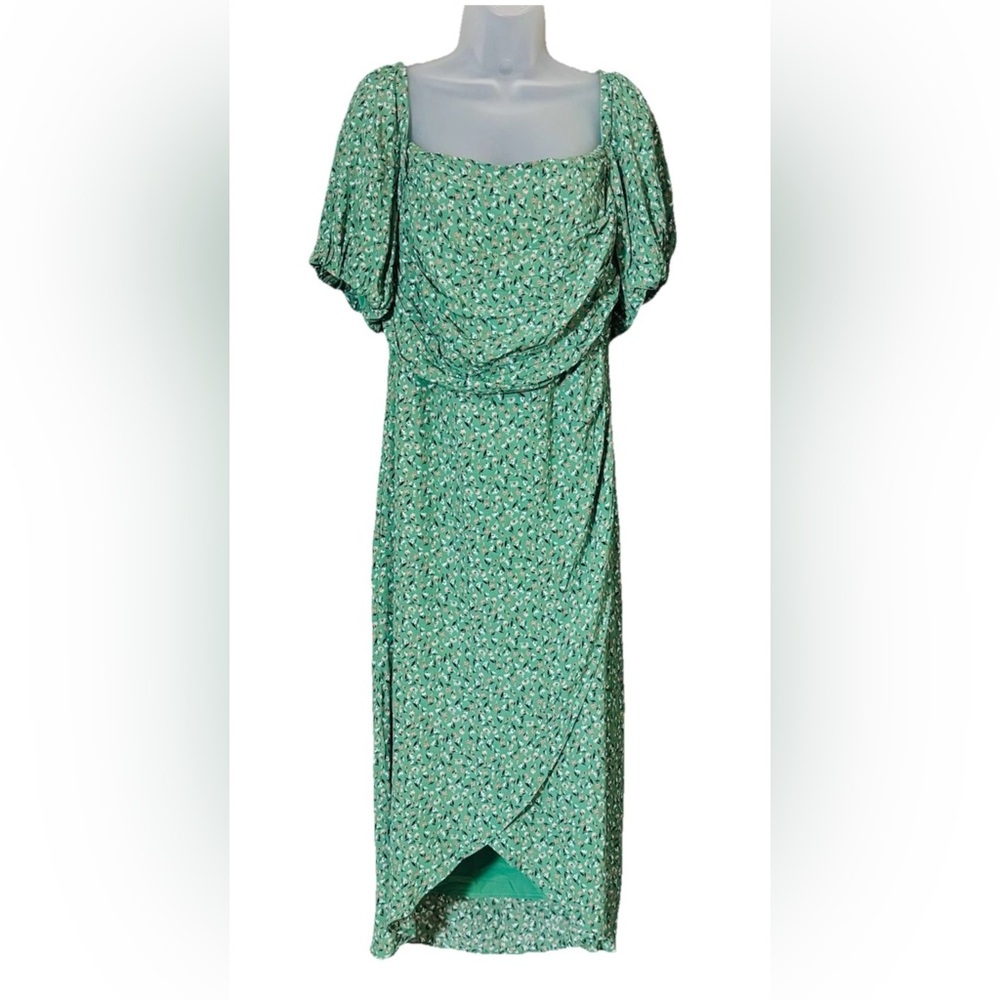 ASTR The Label Green Floral Square Neck Bubble Sleeve Midi Dress - Size XL - Picture 13 of 14